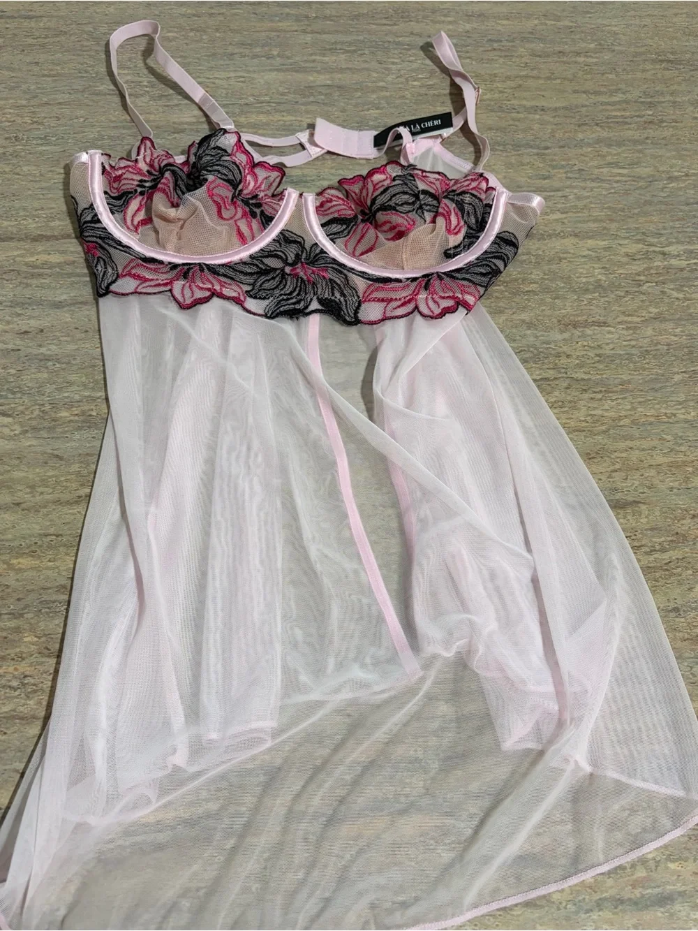 NWOT Oh La La Cheri Paris Pink Floral Embroidered Sheer Babydoll & Panty Set